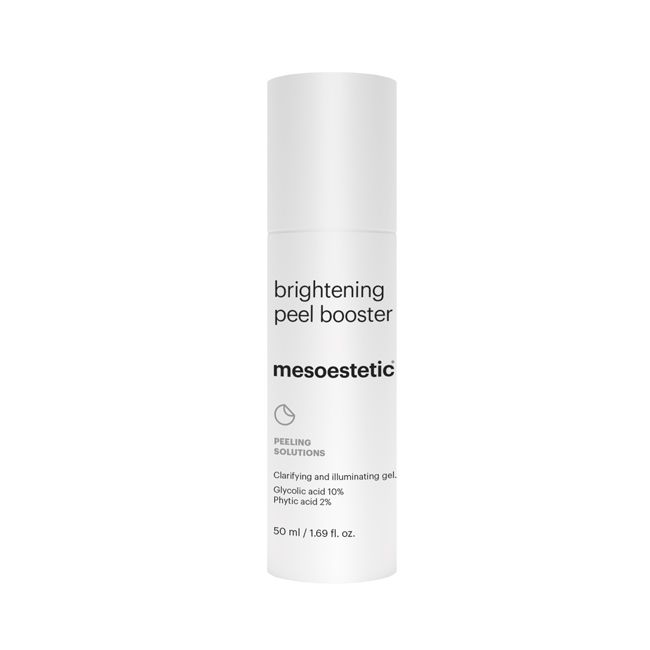 Skincare bottle labeled 'brightening peel booster' by mesoestetic on a white background