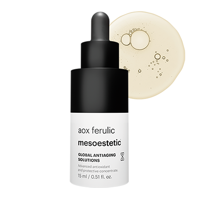 Mesoestetic aox ferulic skincare dropper bottle with applicator on a white background