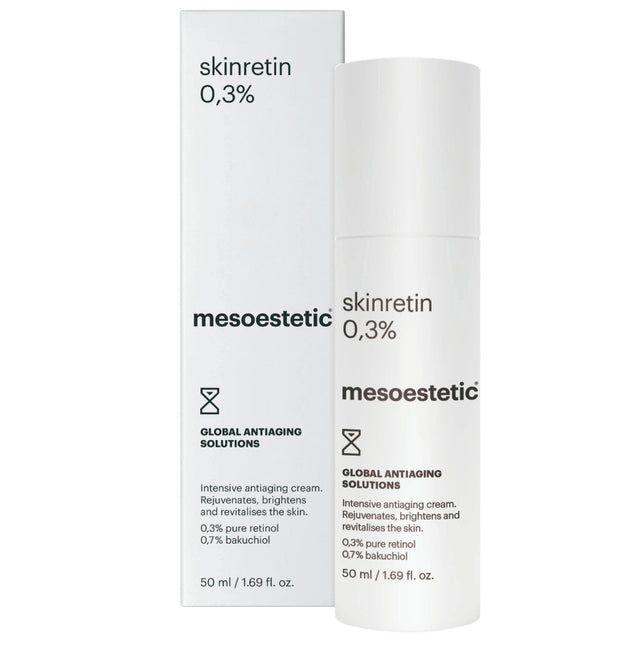 Two bottles of mesoestetic skinretin 0.3% on a white background