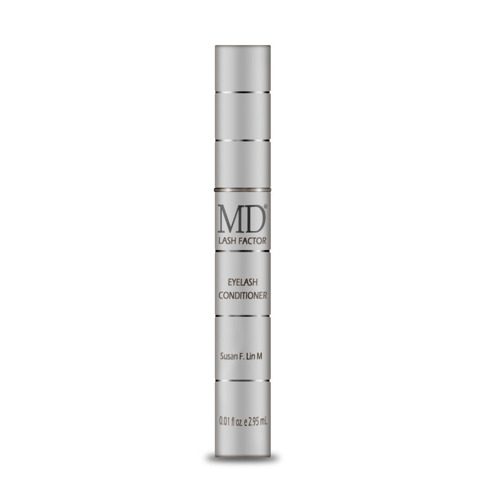 Eyelash conditioner bottle with 'MD' branding on a white background