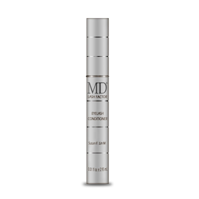Eyelash conditioner bottle with 'MD' branding on a white background