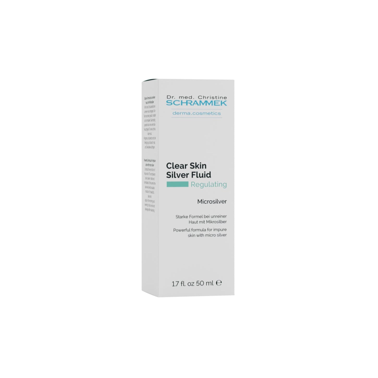 Clarifying skincare fluid with MicroSilver and Lactic Acid, targeting blemishes and soothing irritation.