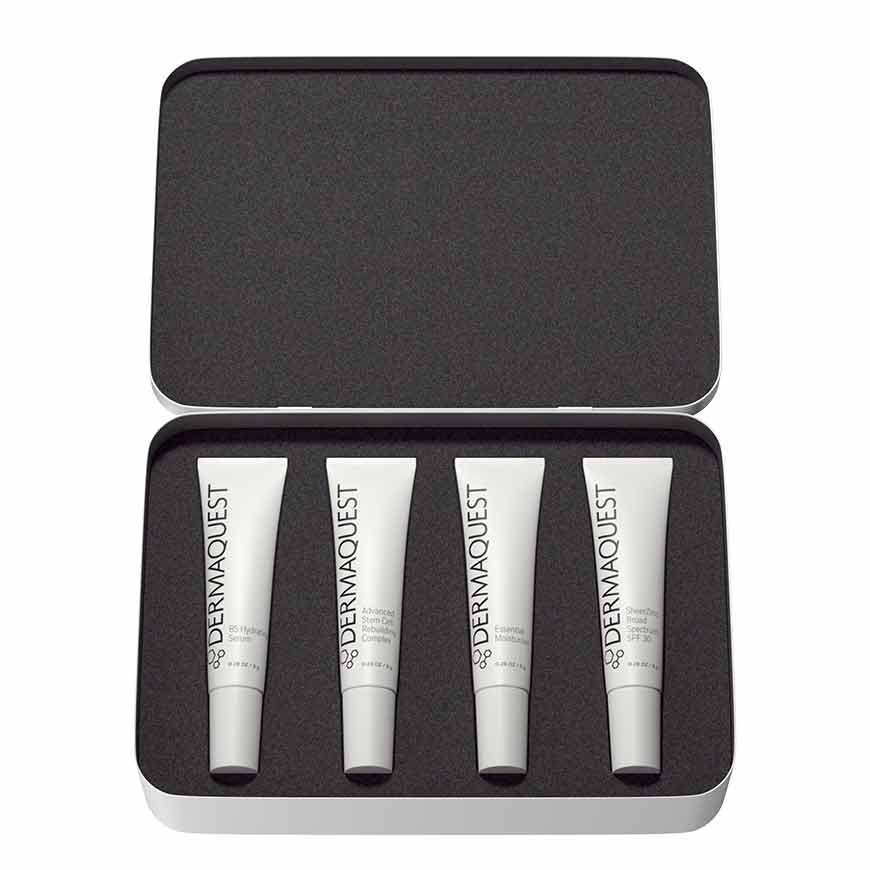 The DERMAQUEST Essential Kit is a complete daily skincare regimen designed specifically for dry and dehydrated skin.