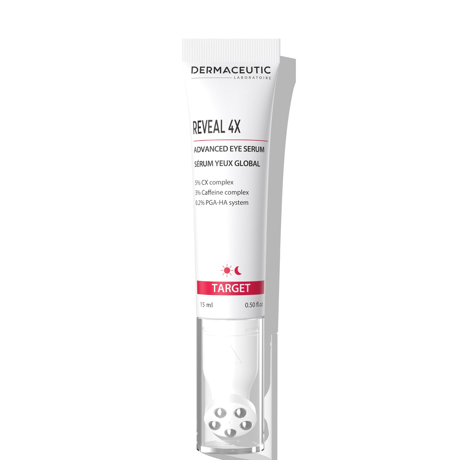 Reveal 4X Advanced Eye Serum with active ingredients and soothing metal applicator for refreshed eyes.