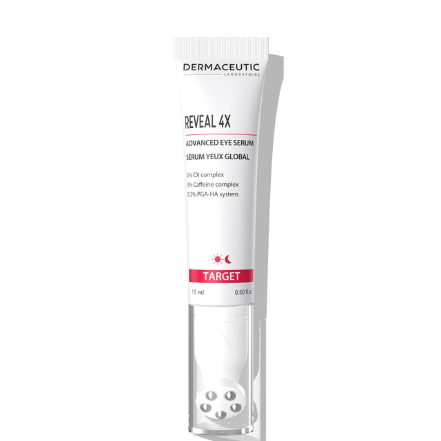 Reveal 4X Advanced Eye Serum with active ingredients and soothing metal applicator for refreshed eyes.