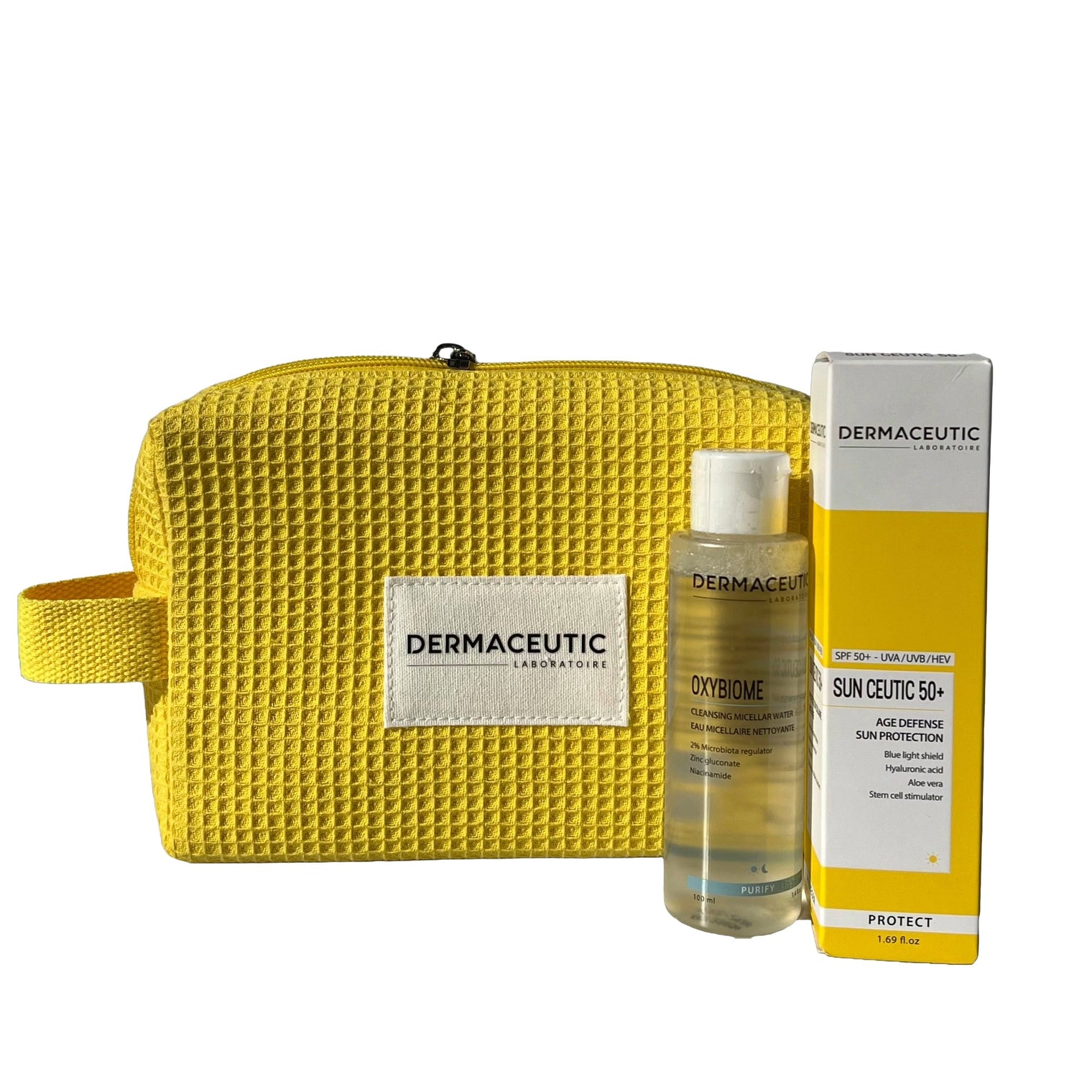 Yellow waffle-textured bag with Dermaceutic products on a white background