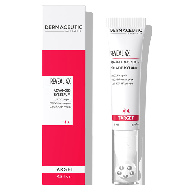 Eye serum for dark circles, under-eye bags, fine lines and dryness with cooling ZAMAC applicator.