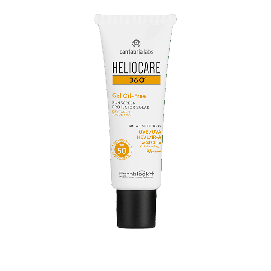 Heliocare 360 sunscreen gel tube on a green background