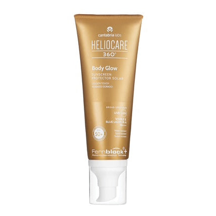 Heliocare 360° Body Glow SPF 50+ sunscreen tube, providing broad-spectrum protection and a radiant, hydrated finish for all skin types.