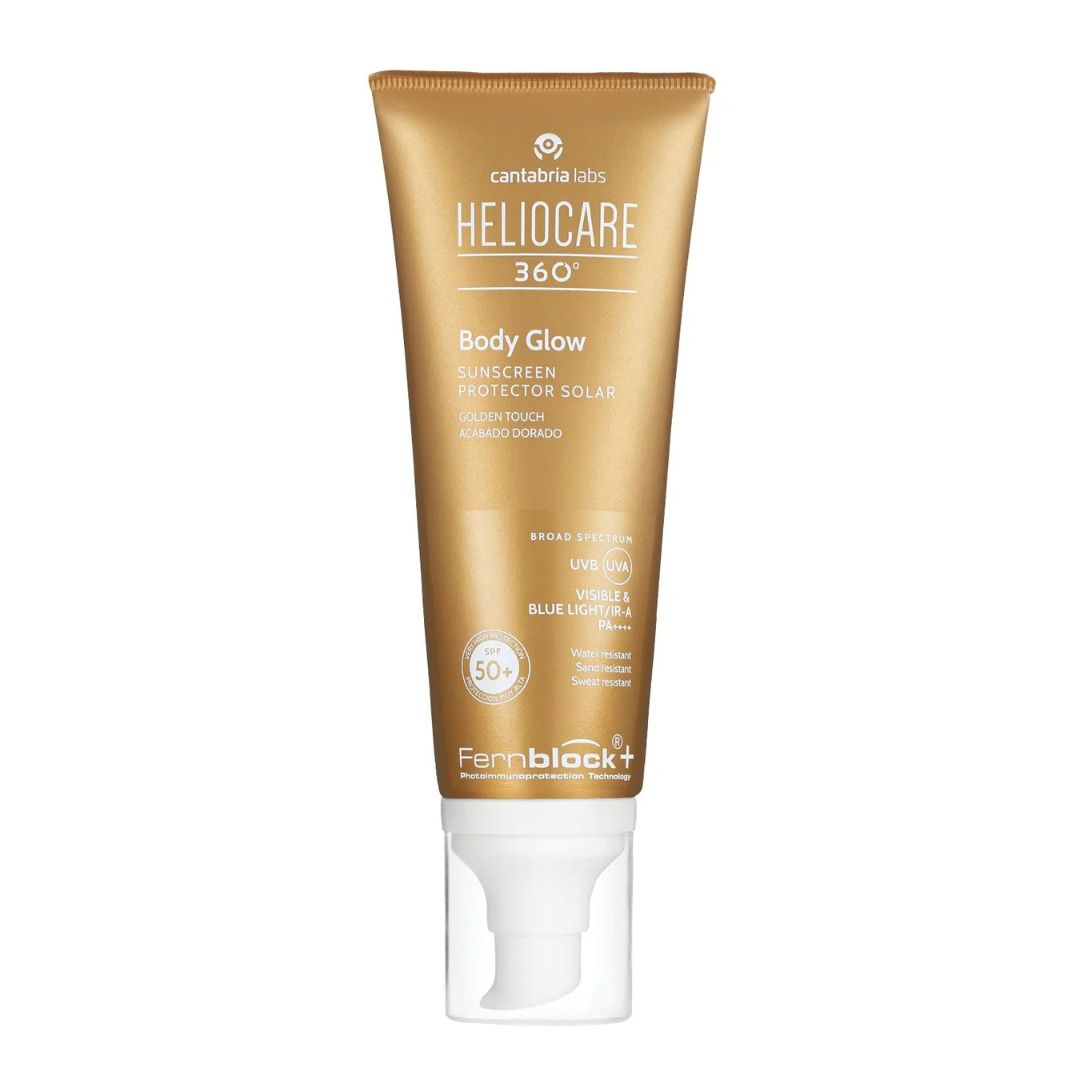 A tube of Cantabria Labs Heliocare 360° Body Glow sunscreen protector solar, featuring a metallic gold squeeze tube with a white flip-top cap, shown on a plain white background.