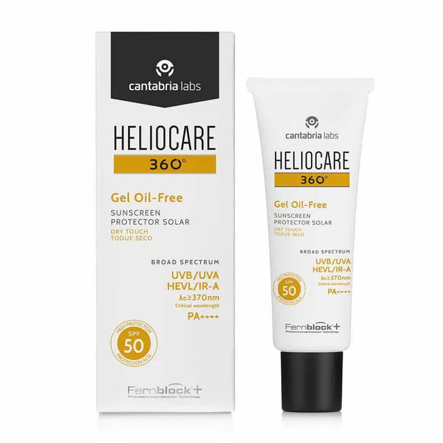 Heliocare 360° sunscreen gel oil-free packaging and tube on a white background