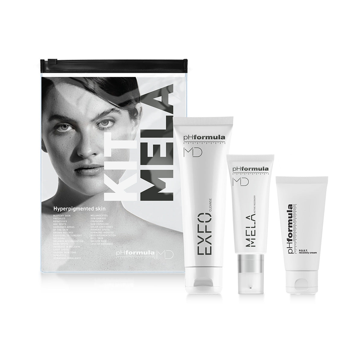 Skincare product set with 'KIT MELA' packaging on a white background