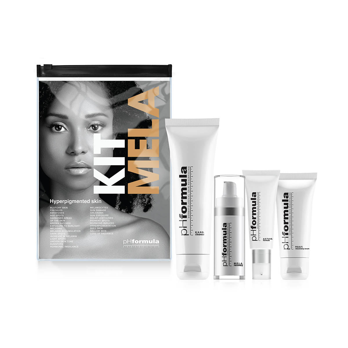 4-step hyperpigmentation skincare kit for treating melasma, sun spots, freckles, and post-inflammatory pigmentation with brightening and melanin-inhibiting ingredients