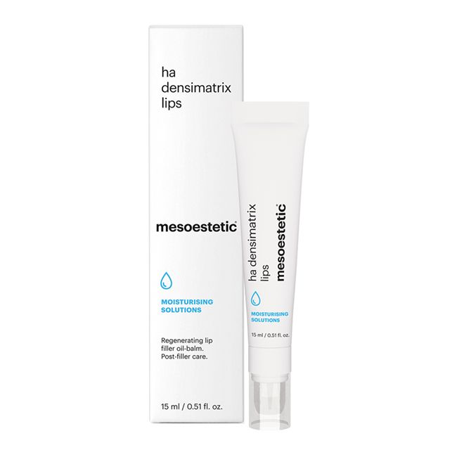 Mesoestetic HA Densimatrix Lips balm-oil displayed with skincare items, highlighting hyaluronic acid, bisabolol, and shea butter for nourished lips