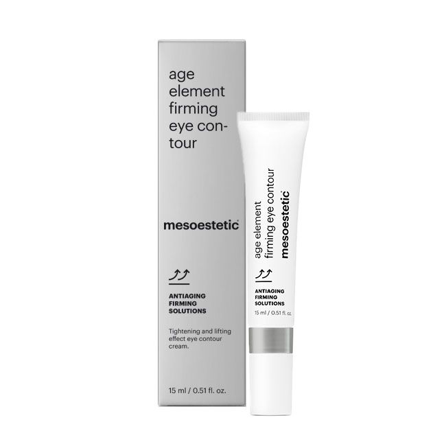 Mesoestetic Age Element Firming Eye Contour with ceramic applicator on white background.