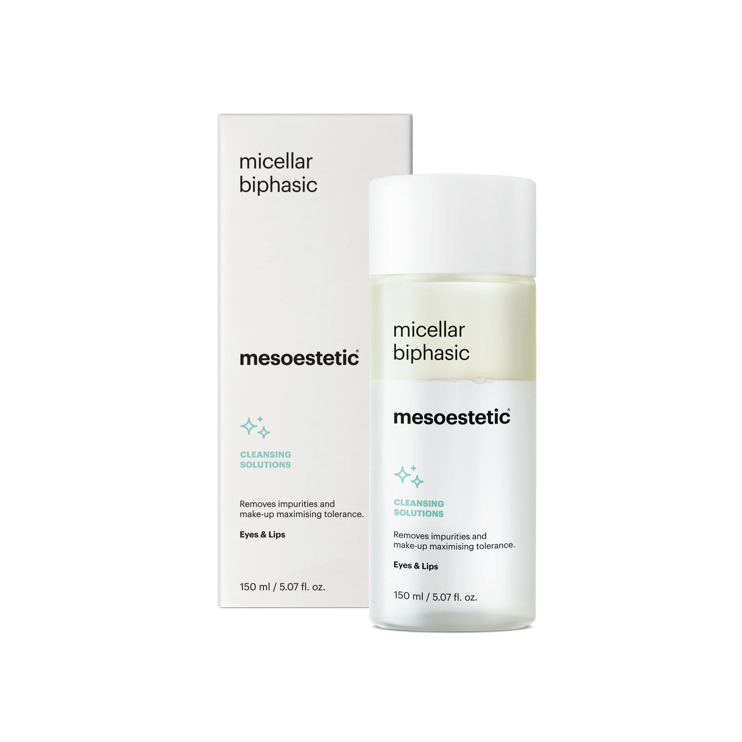 Biphasic micellar makeup remover for sensitive eye and lip areas that cleanses, soothes, and leaves skin soft and refreshed.