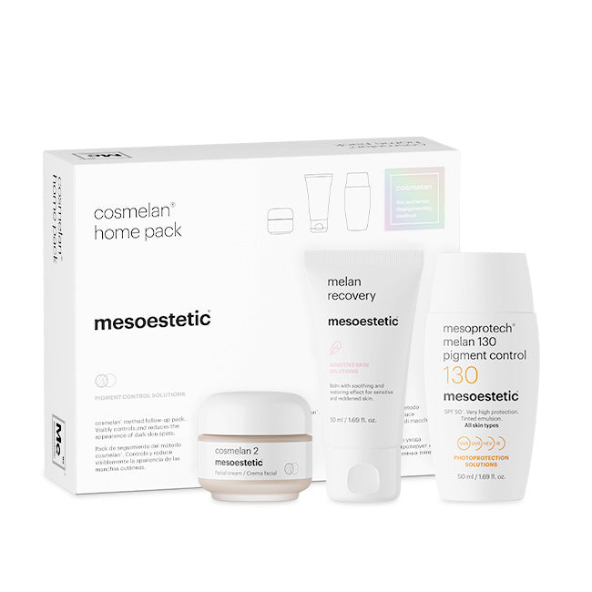 Mesoestetic Cosmelan® 2 Kit professional depigmenting treatment with Cosmelan 2 cream, Melan Recovery, and Melan 130+ SPF for pigmentation and melasma.