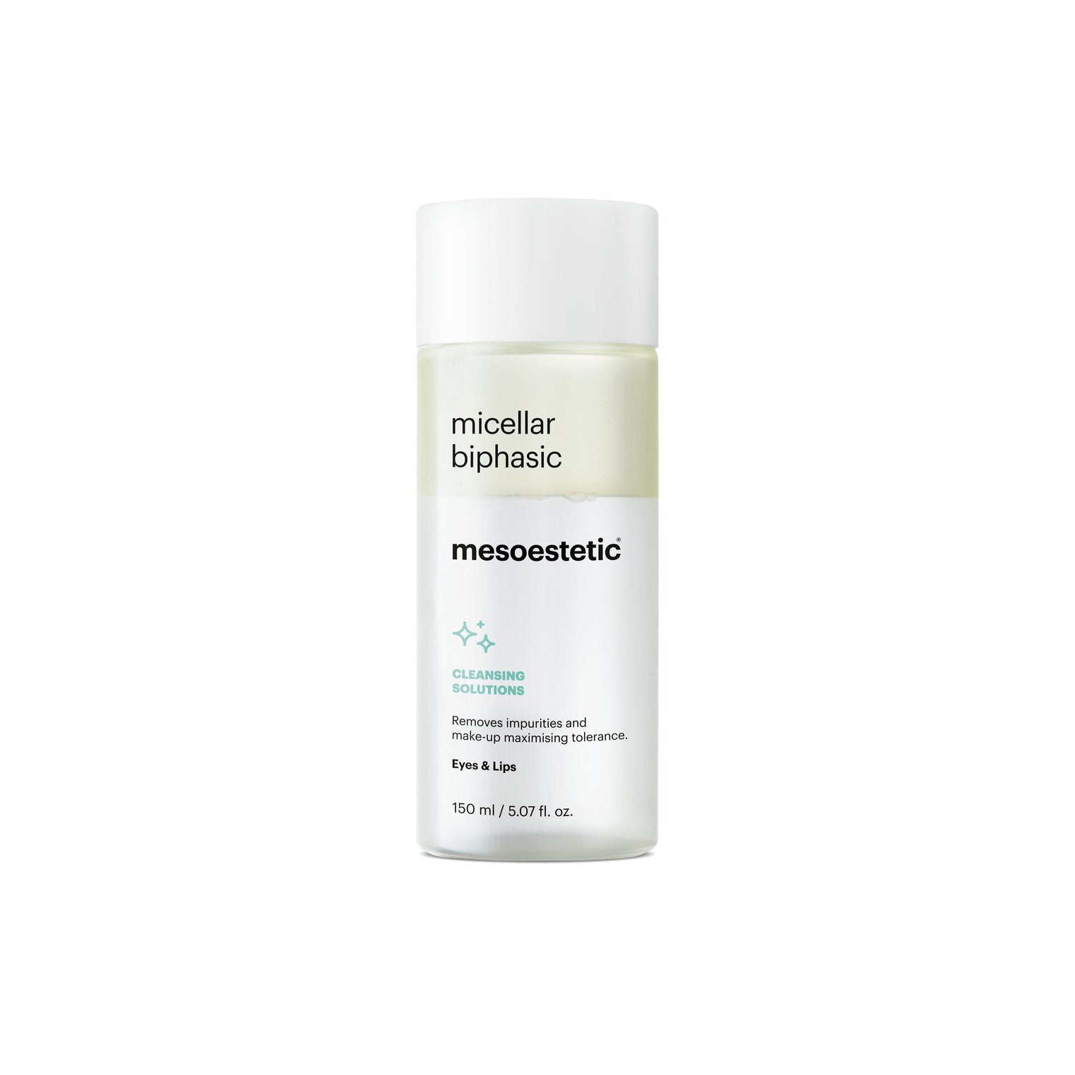 Micellar Biphasic Makeup Remover with micelles and sunflower seed oil for gentle removal of eye and lip makeup, including waterproof formulas.