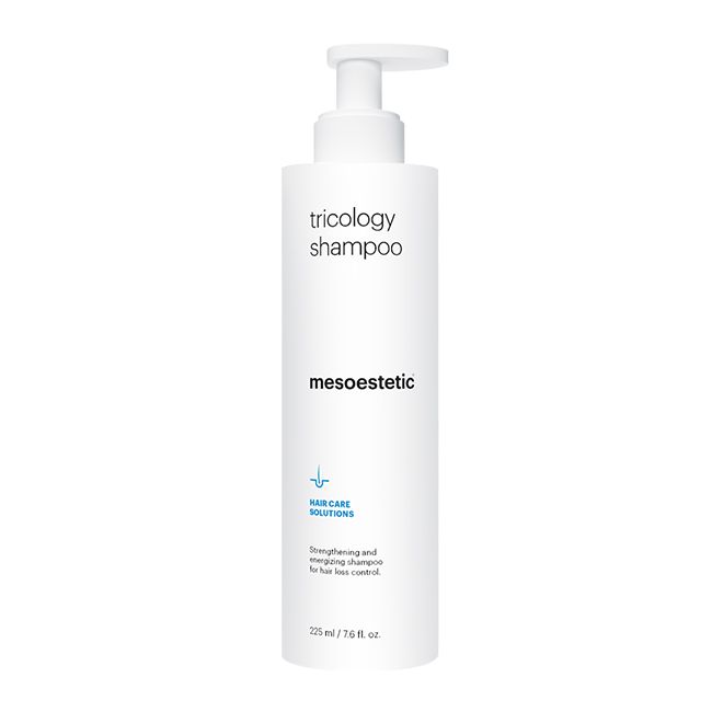 Mesoestetic Tricology Shampoo bottle for hair loss prevention.