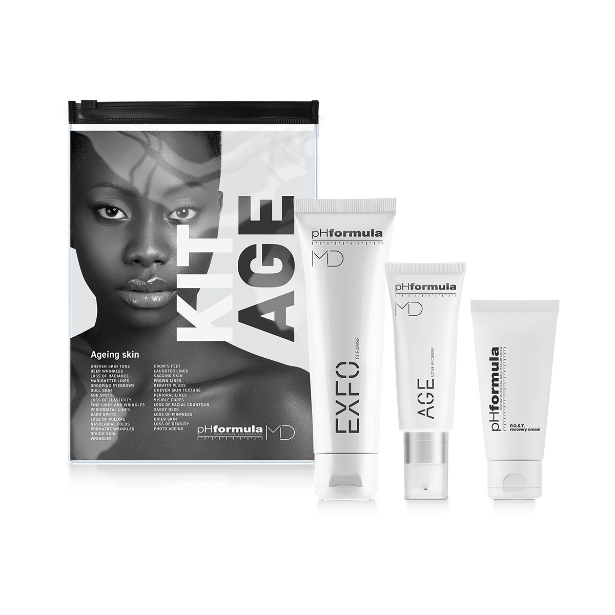 Skincare product set with 'KIT AGE' packaging featuring a black and white portrait of a woman.