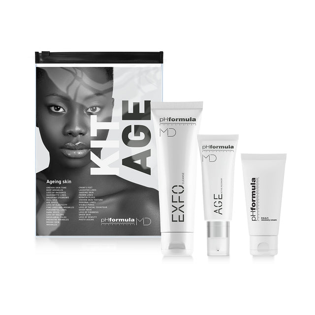 Skincare product set with 'KIT AGE' packaging featuring a black and white portrait of a woman.