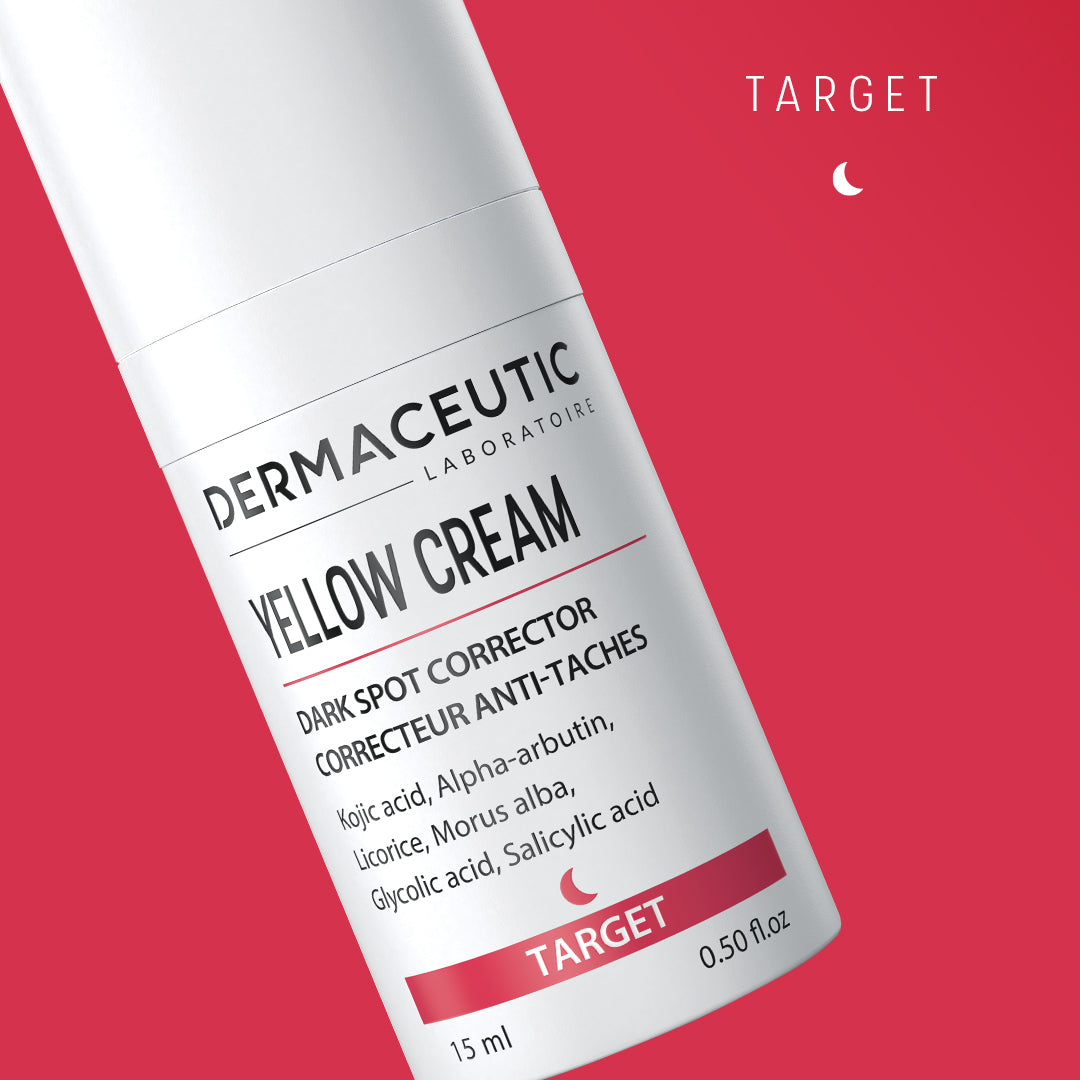 Yellow Cream spot corrector for hyperpigmentation with brightening acids and antioxidants.