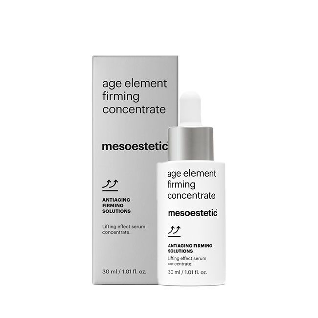 Mesoestetic Age Element Firming Concentrate serum bottle on white background.