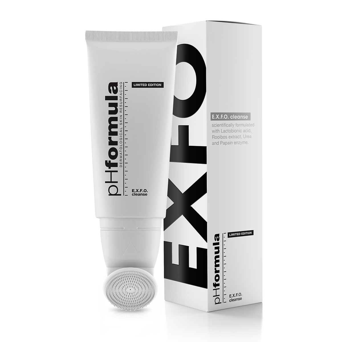 pHformula EXFO Cleanse with new detachable exfoliating brush head; enzyme-based cleanser with papain, Lactobionic Acid, Pro-vitamin B5, and Rooibos extract for gentle exfoliation, hydration, and antioxidant protection