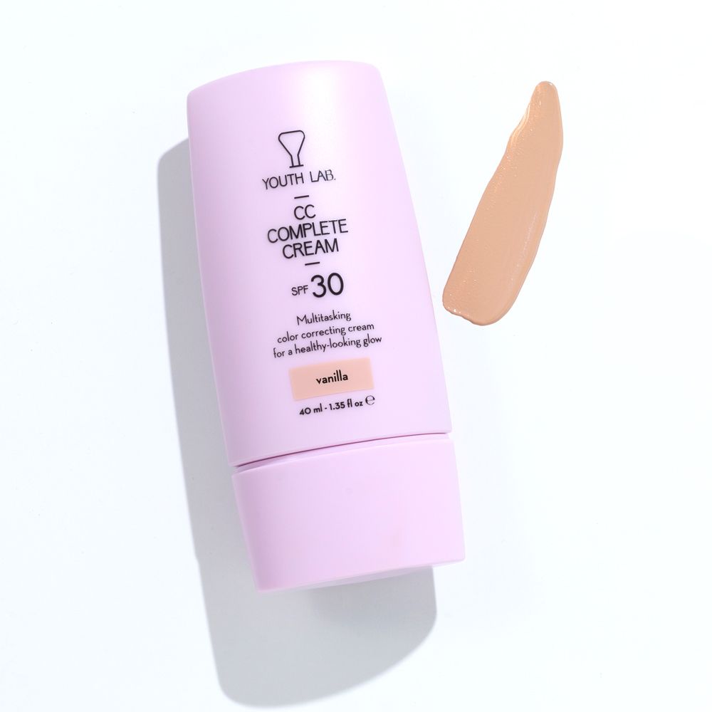 Multifunctional CC cream with hyaluronic acid, niacinamide, Vitamin B5, and Haberlea Rhodopensis extract for skin hydration and brightening.
