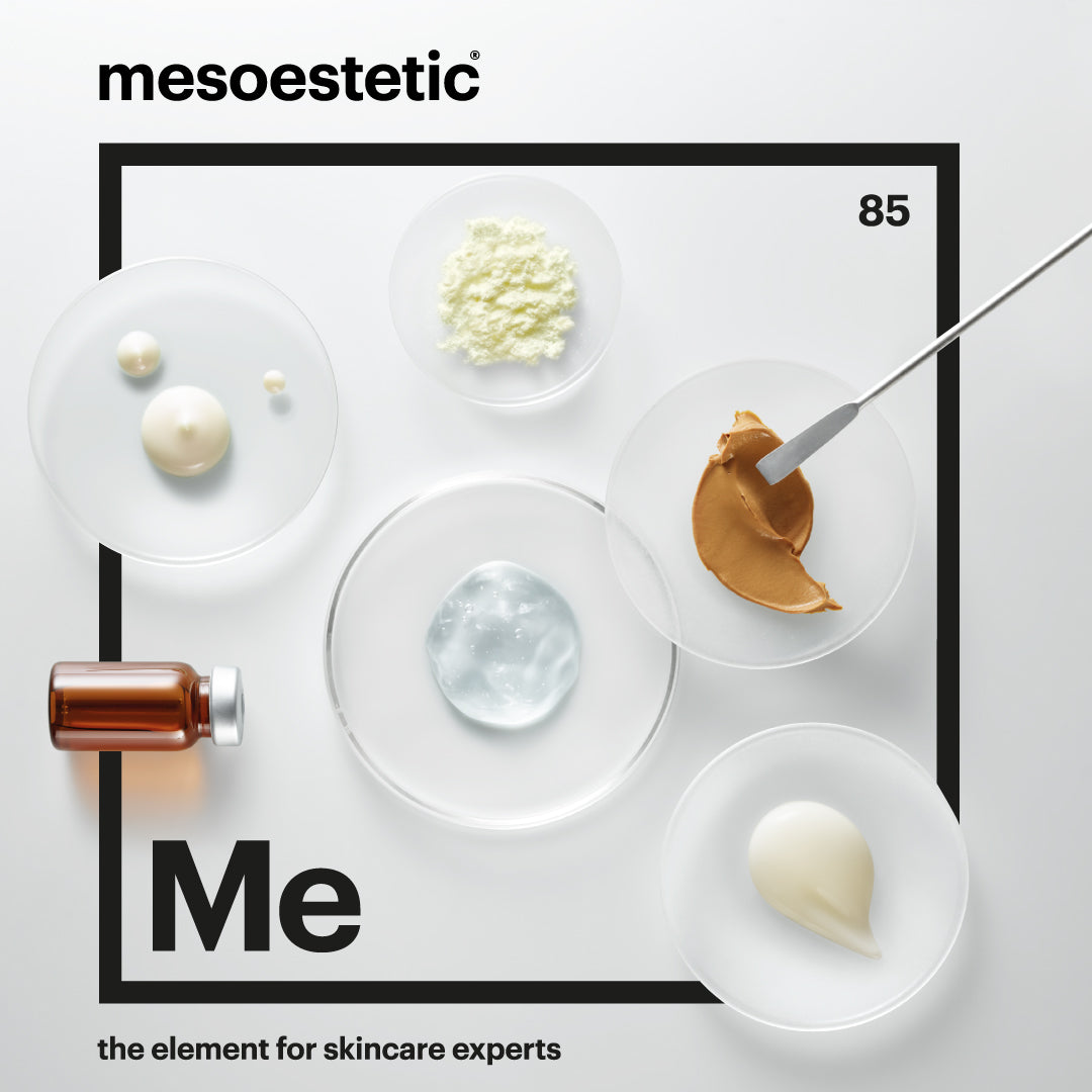 Mesoestetic skincare products with a dropper and various textures on a white background.