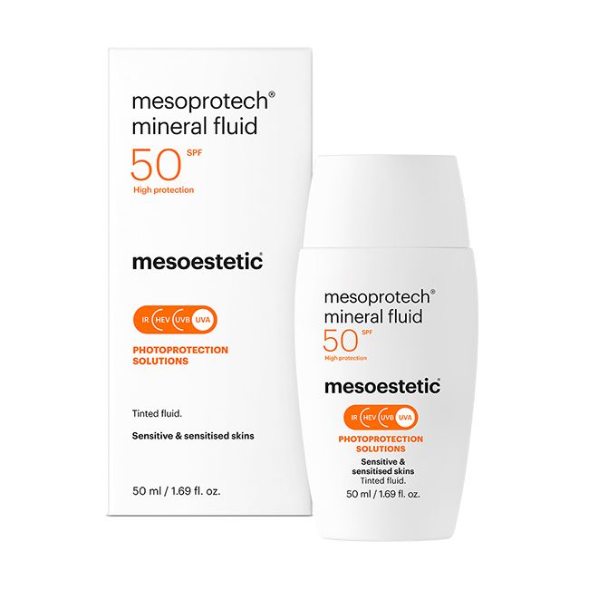 Mesoprotech Mineral Fluid SPF50+ tinted mineral sunscreen for sensitive skin.