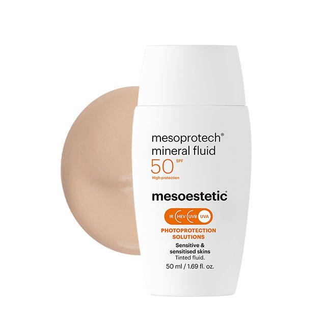Mesoestetic mineral fluid SPF 50 with a swatch on a white background