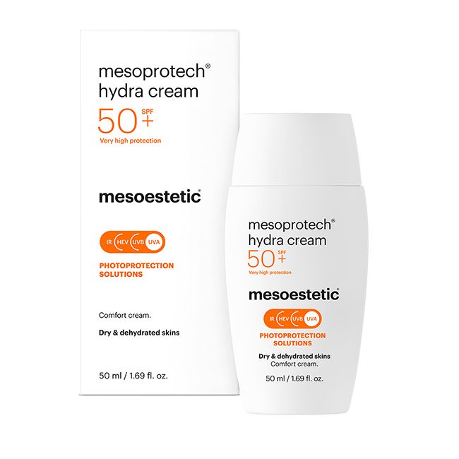 mesoprotech hydra cream SPF 50+ packaging on a white background