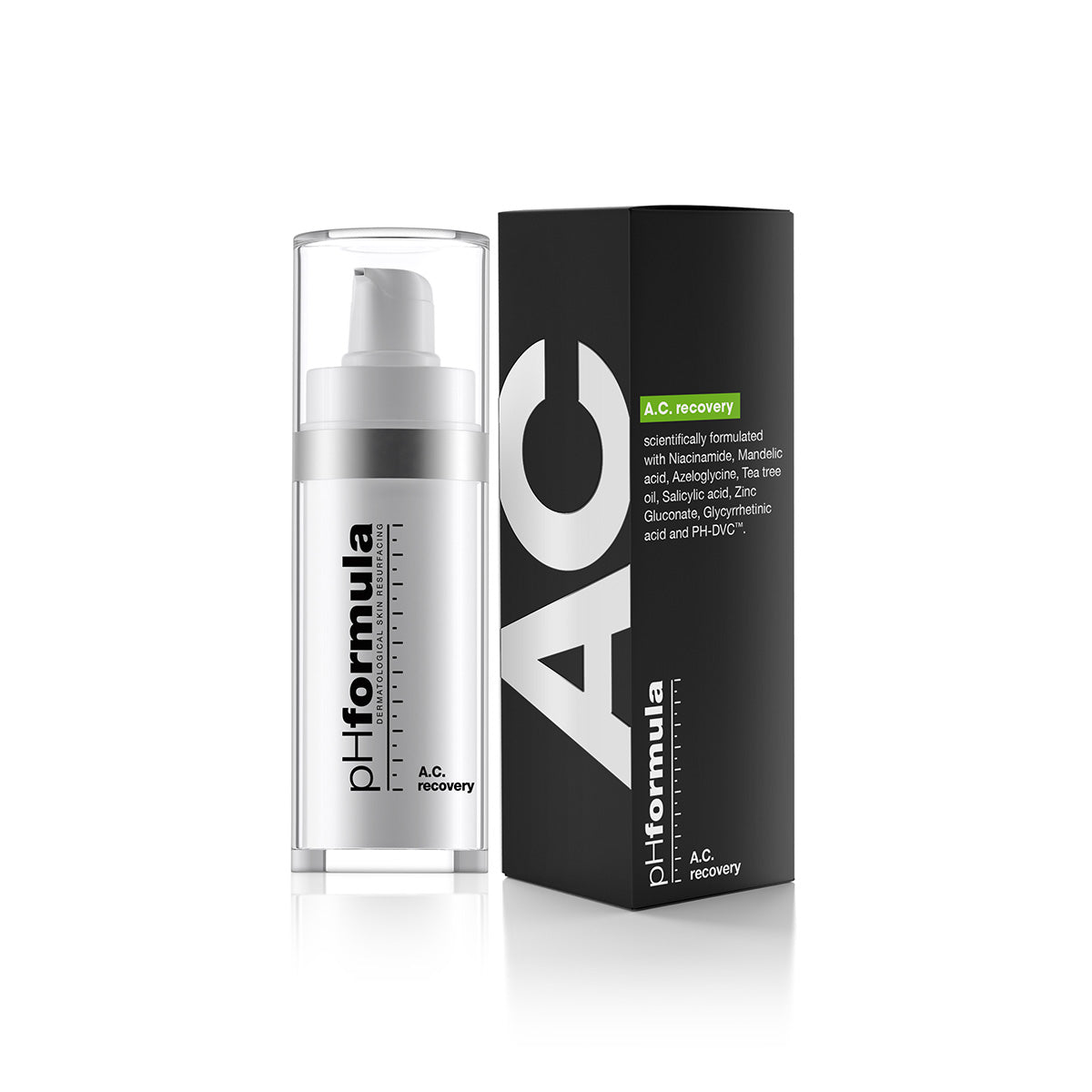 AC Active Recovery acne treatment serum for acne-prone skin with tea tree oil, mandelic acid, niacinamide, and zinc gluconate to reduce breakouts and inflammation.