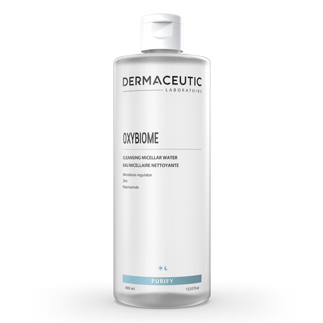 Micellar cleansing water with zinc and niacinamide to purify pores and reduce redness.