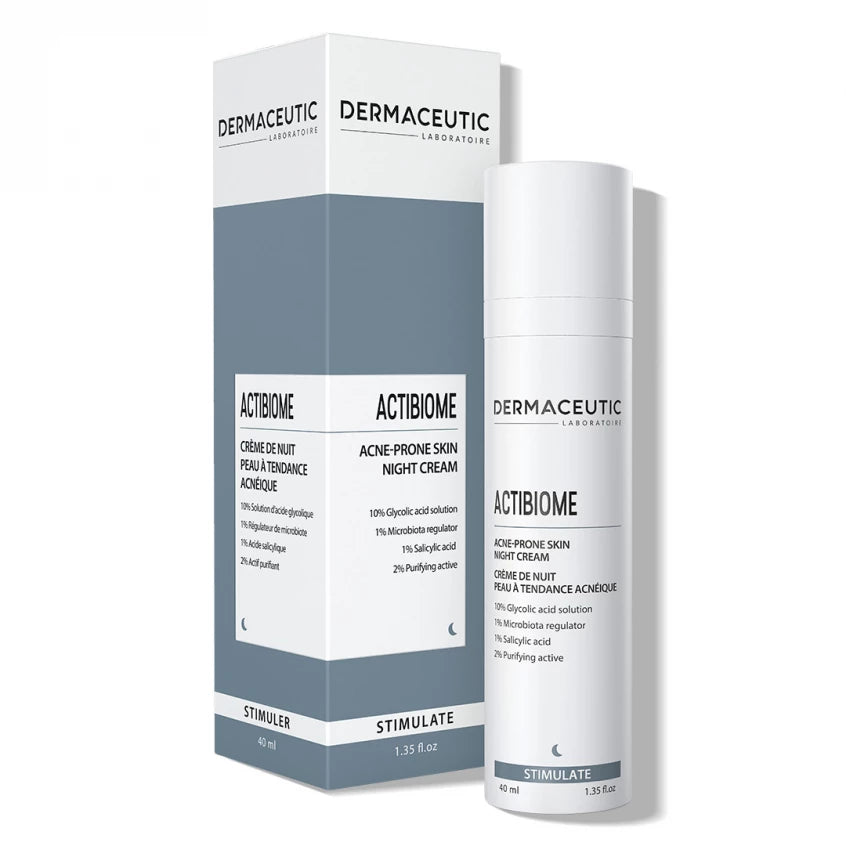 Acne night cream with 10% glycolic acid and salicylic acid for exfoliating and pore cleansing.