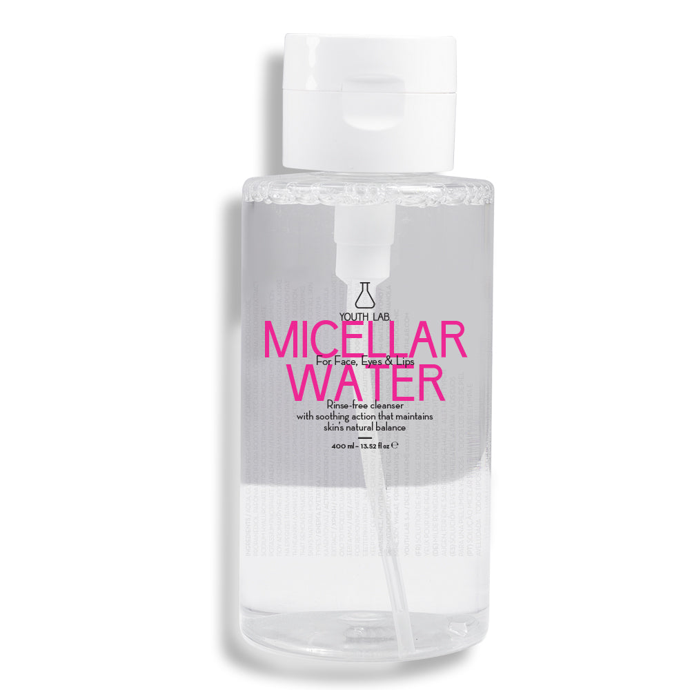 Clear micellar water bottle with clean, minimalist design on a white background