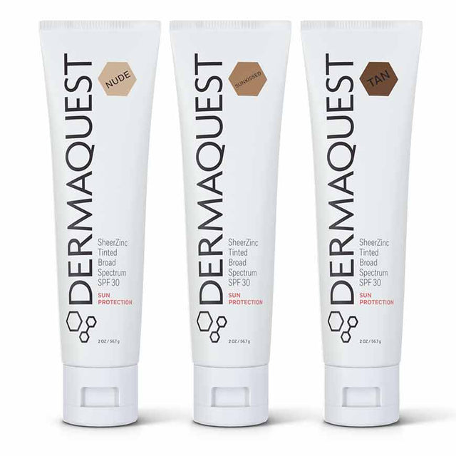  Swatch of three tinted sunscreen shades – Nude, Sunkissed, and Tan – designed to protect and enhance skin radiance.