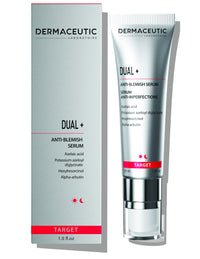 Dermaceutic Dual+ serum packaging highlighting mattifying formula designed for acne-prone and hyperpigmented skin types.
