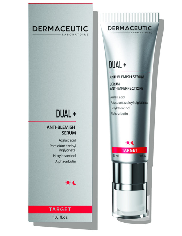 Dermaceutic Dual+ serum packaging highlighting mattifying formula designed for acne-prone and hyperpigmented skin types.