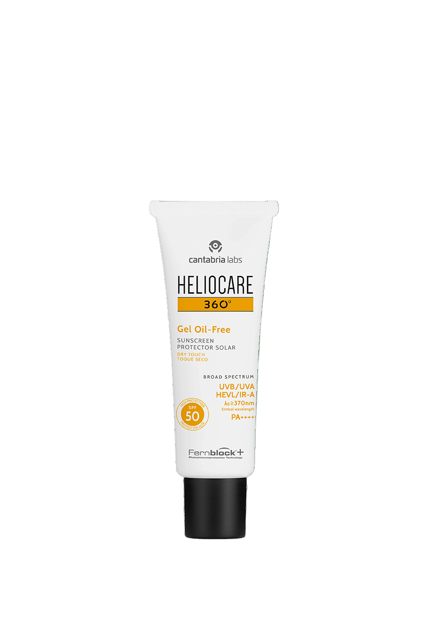 Heliocare 360 sunscreen gel tube on a green background