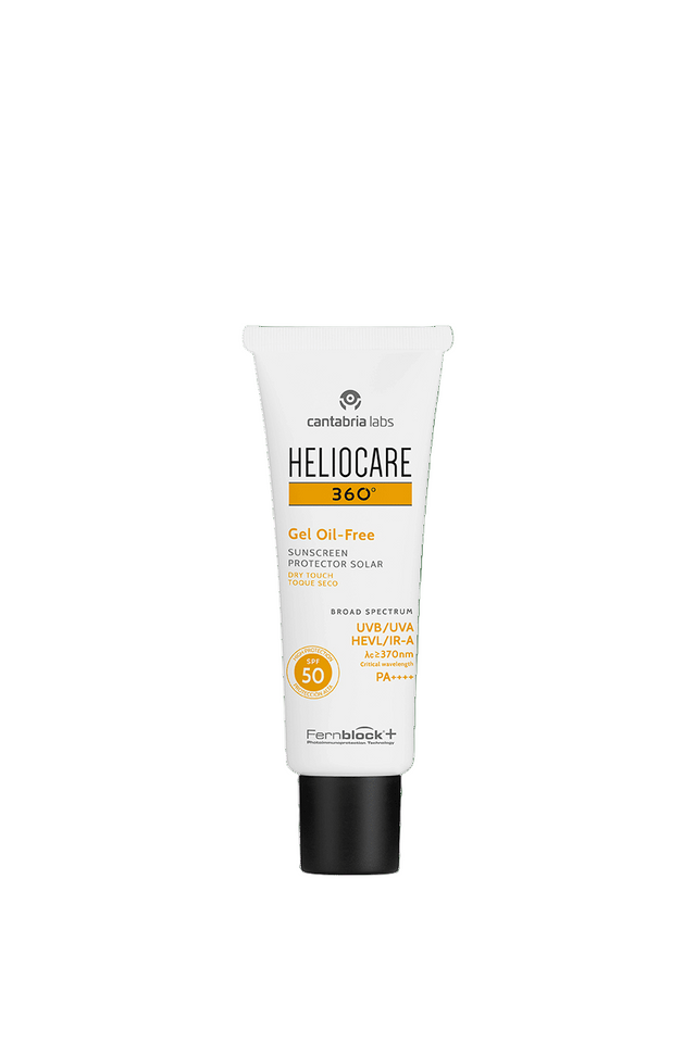 Heliocare 360 sunscreen gel tube on a green background