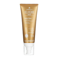 A tube of Cantabria Labs Heliocare 360° Body Glow sunscreen protector solar, featuring a metallic gold squeeze tube with a white flip-top cap, shown on a plain white background.
