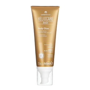 A tube of Cantabria Labs Heliocare 360° Body Glow sunscreen protector solar, featuring a metallic gold squeeze tube with a white flip-top cap, shown on a plain white background.