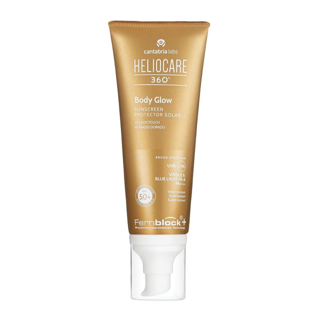A tube of Cantabria Labs Heliocare 360° Body Glow sunscreen protector solar, featuring a metallic gold squeeze tube with a white flip-top cap, shown on a plain white background.