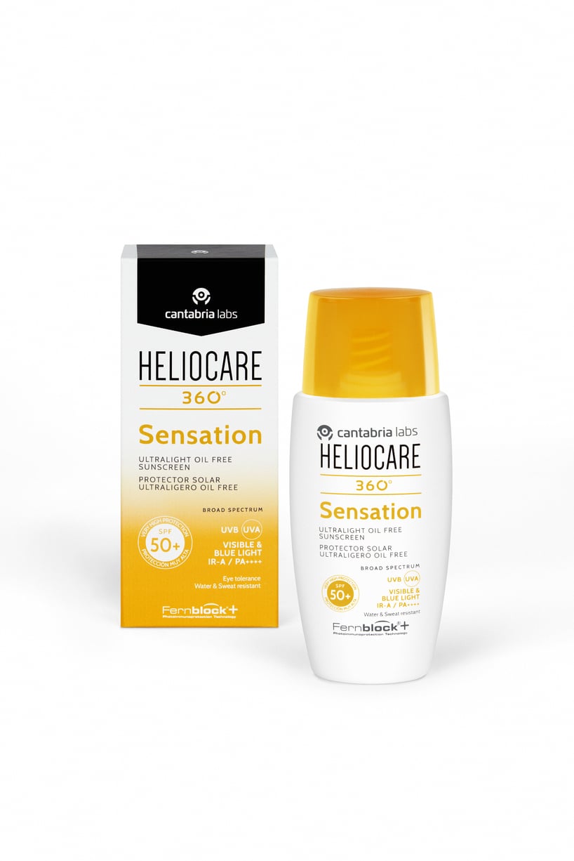 Heliocare Sensation 360 facial sunscreen tube with Fernblock® and ginger extract, offering broad-spectrum, oil-free protection for all skin types.