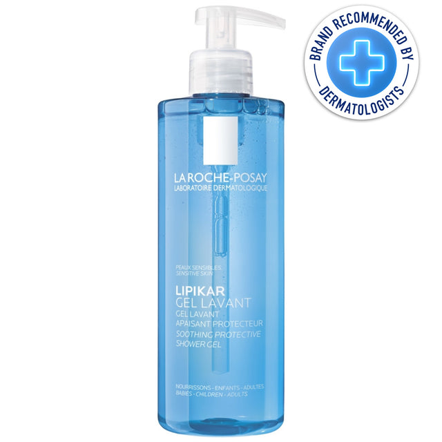 Blue bottle of La Roche-Posay Lipikar Gel Lavant with a dermatologist recommendation badge on a white background