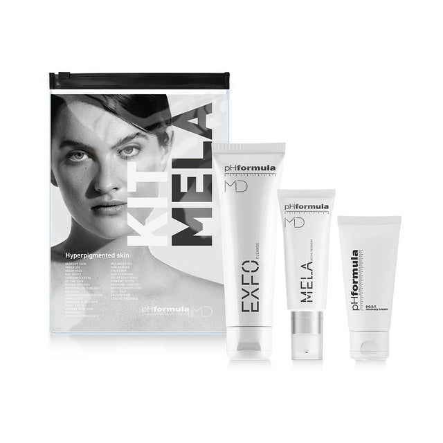 Skincare product set with 'KIT MELA' packaging on a white background