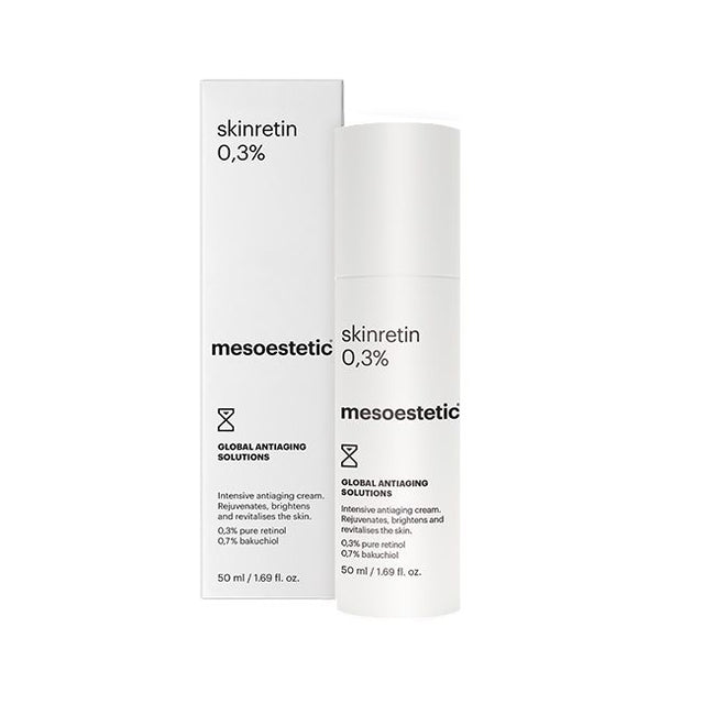 Mesoestetic Skinretin anti-ageing cream 50ml displayed in a skincare routine with retinol and bakuchiol for renewal and youthful glow.