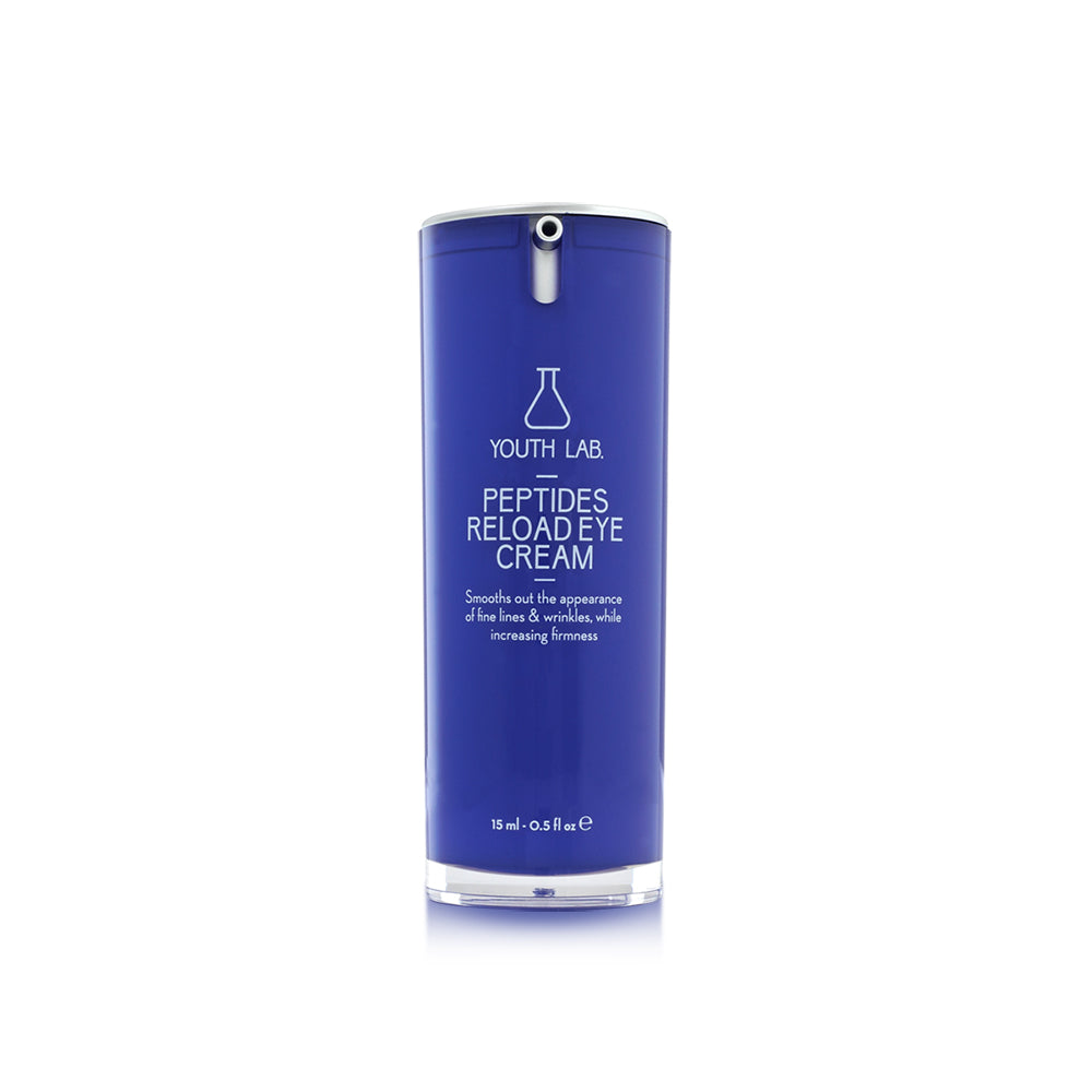 Firming eye treatment with Hexapeptide, Squalene, and Vitamin E for smoothing crow’s feet, boosting elasticity, and protecting delicate skin.